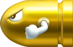 Artwork of a Gold Bullet Bill from New Super Mario Bros. 2