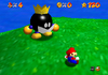 Mario and King Bob-omb dueling on Bob-omb Battlefield.