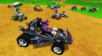 Waluigi and his personalized kart in Mario Kart Wii