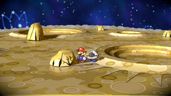 Mario near the rock containing a Courage Shell on the Moon of Paper Mario: The Thousand-Year Door for Nintendo Switch.