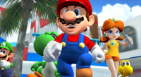 Mario, Luigi, Yoshi, Daisy, and a Koopa Troopa run towards Mario Stadium in the opening cinematic