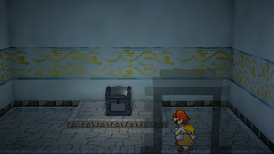 First Black Chest found in the Rougeport Underground containing the Plane Mode curse in the remake of Paper Mario: The Thousand-Year Door for the Nintendo Switch.