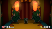 A pair of Wild Dino Rhinos about to perform in Paper Mario: Color Splash