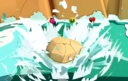A boulder falling into the Eddy River rapids in Paper Mario: The Origami King