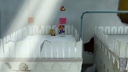 Screenshot of Mario revealing a hidden ? Block (containing a Power Plus P badge) in Rogueport Underground, in Paper Mario: The Thousand-Year Door.