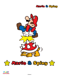 Fully-colored picture of Mario and a Spiny from a paint-by-number activity