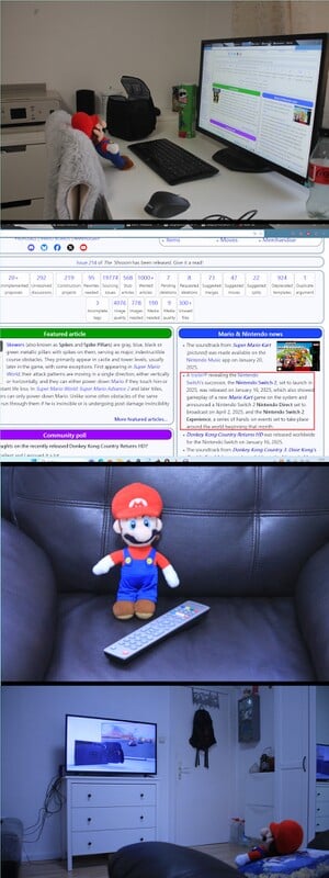 Four photographs are stacked in a vertical comic format. The first shows a plush of Mario facing a computer, with the computer screen opened to the main page of the Super Mario Wiki. The second is a screenshot of the Super Mario Wiki, highlighting the announcement of the Nintendo Switch 2. In the third, the Mario plush is on a chair with a television remote nearby. In the fourth, the Mario plush faces a distant television which displays the Nintendo Switch 2 announcement trailer.