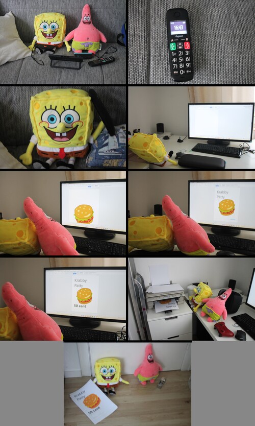Nine photographs are shown in comic format, arranged left to right, top to bottom. In the first, plushes of Spongebob and Patrick sit in front of a Nintendo Switch 2, with a mobile phone next to them as well. The second panel zooms in on the mobile phone. The third shows Spongebob with the mobile phone in hand, holding it up to his ear. The fourth shows Spongebob in front of a computer screen with a blank image open. The fifth shows Spongebob and Patrick together in front of that same screen, but now with a Krabby Patty drawn on-screen. In the sixth, they have added the words "Krabby Patty" above the drawing, and in the seventh, they have added "50 cents" beneath it. The eighth shows Spongebob and Patrick at a printer, with the image from the screen emerging from the printer on a sheet of paper. In the ninth and final image, with their ad printed and in Spongebob's hands and with Patrick ready with a roll of tape, they prepare to put their ad up somewhere.