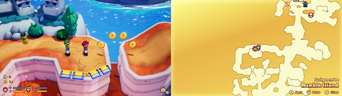 Mario and Luigi near 4 Coins on Rumbla Island of Mario & Luigi: Brothership.