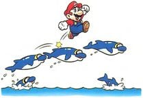 Artwork of Mario jumping from some Dolphins from Super Mario World