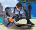 Snake planting a C4 into an island of Delfino Plaza, the image's only Super Mario-related element, in Super Smash Bros. Brawl.