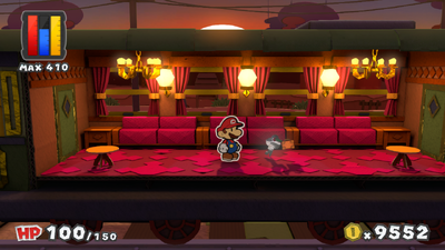 Mario near the Trunk Key in Sunset Express of Paper Mario: Color Splash.
