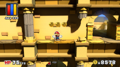 Mario near 3 Coins in The Golden Coliseum of Paper Mario: Color Splash.