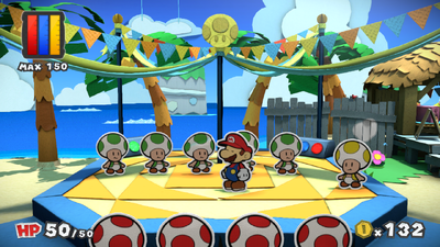 Mario before painting the Toad with messed up head during Oceanfest in Bloo Bay Beach of Paper Mario: Color Splash.