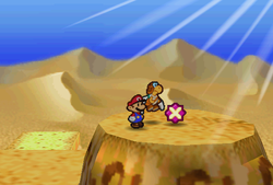 Mario finding Spin Attack Badge in the scene E6 of Dry Dry Desert of Paper Mario.