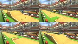 Four views of Excitebike Arena, split into four screens