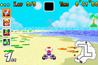 Toad racing at Koopa Beach 2 in Mario Kart: Super Circuit.