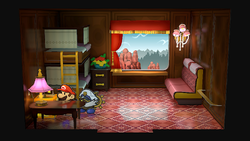 Mario next to the Shine Sprite in Cabin 5 of Excess Express in the remake of the Paper Mario: The Thousand-Year Door for the Nintendo Switch.