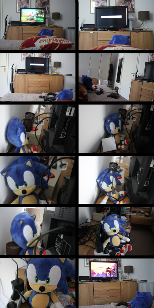 Twelve photographs are shown in comic format, arranged left to right, top to bottom. In the first, Sonic (AKA johnsega1960) is watching a TV that has a Blu-Ray player and Switch 2 plugged in (the two devices to plug in to a TV for complete basic TV entertainment). There are some DVDs, Blu-Rays and Switch 1/2 games near the TV. In the second, Sonic sees the TV signal go out, and Sonic decides to fix the issue by himself. The third panel shows much the same scene, but at a different angle (not useful!). The fourth shows Sonic looking at the TV and its plugged-in devices and thinking about how to fix the problem. The fifth shows Sonic looking at the back of the TV. He realizes that sometimes unplugging a device and plugging it back in can fix errors. In the sixth panel, Sonic looks confused about which plugs go into which ports and he holds a paper with a question mark written on it. In the seventh, Sonic is unplugging all the cables in the back of the TV in an attempt to fix the problem. The eighth panel shows Sonic has unplugged all the TV cables and has a mess of cables on him. The ninth panel shows Sonic realizing he should have just unplugged the TV from the outlet instead, and and he gradually puts cables back in the TV. In the tenth, Sonic gets to the outlet and unplugs the TV cable. The eleventh panel shows Sonic plugging the TV cable back into the outlet to finally fix the issue, while the twelfth and final panel shows Sonic has fixed the TV issue and is again watching TV (and a bit after this, he'll watch the Sonic Racing: CrossWorlds - Year Two Showcase).