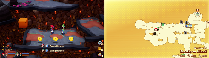 Mario and Luigi near 3 Coins on Skorcheen Island of Mario & Luigi: Brothership.