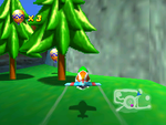 Tiptup finds a Golden Balloon behind the log path on Timber's Island in Diddy Kong Racing.