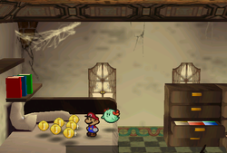 Mario finding 6 Coins on the bed in the room behind the clock on the second floor of Tubba Blubba's Castle of Paper Mario.