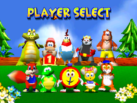 The full character selection menu after unlocking T.T. and Drumstick from Diddy Kong Racing.