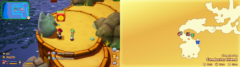 Mario and Luigi under the Coin Competition Block on Conductor Island of Mario & Luigi: Brothership.