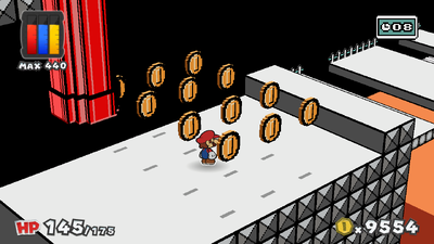 Mario near 12 Coins in Green Energy Plant of Paper Mario: Color Splash.
