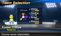 Blue Koopa Troopa's stats in the baseball portion of Mario Sports Superstars