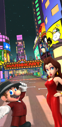 New York Tour introduction splash screen in Mario Kart Tour