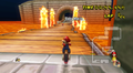 At the castle exit, lava geysers can be seen when crossing the bridge in the Mario Kart Wii version of the track.