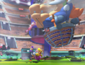 Wario and Waluigi attempt to flee from Bowser's falling balloon loaded with a horde of Bob-ombs.