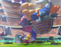 Wario and Waluigi quickly running from Bowser's damaged airship before it crashes onto them, from the Mario Power Tennis opening