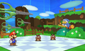 Mario using Scissors on two Goombas and a Magikoopa.
