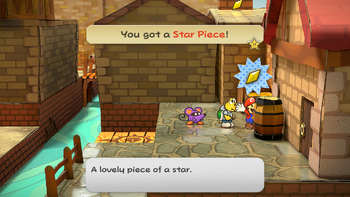 Mario getting the Star Piece behind a barrel in the back side of east Rogueport in the remake of the Paper Mario: The Thousand-Year Door for the Nintendo Switch.