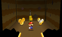 Mario near the Upright Vacuum Thing surrounded by 7 Five Coins in Rustle Burrow of Paper Mario: Sticker Star.
