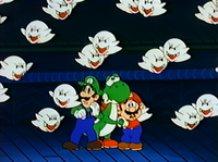 Mario, Luigi, Yoshi, and many Boos inside a Ghost House in Super Mario World: Mario to Yoshi no Bōken Land.