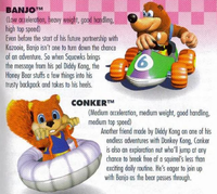 A portion from the Diddy Kong Racing manual, containing the claim, which has since been denied by the characters' creators, that Banjo and Conker are part of the Mario universe.