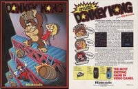 The flyer for the original Donkey Kong arcade game, distributed among arcades and those toy stores where video games were sold. This is one of the first materials to use the name Mario for the character. The artist is Zavier Leslie Cabarga.