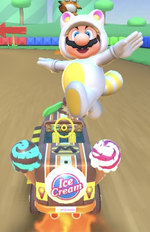 White Tanooki Mario performing a trick.