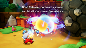 Mario and Luigi using the Bro Bomb ability of Fire & Ice for the first time at Conductor Island in Mario & Luigi: Brothership.