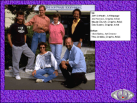 Group shot of some of The Software Toolworks' developers (notably Jeff Griffeath and Maude Church) in the PC release of Mario's Time Machine