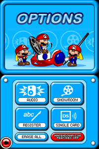 The Options menu from Mario vs. Donkey Kong 2: March of the Minis.