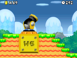 Mario about to be shot from the cannon in World 1.