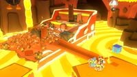 Paper Macho Goombas dropping into Hotfoot Crater in Paper Mario: The Origami King