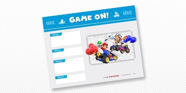 Presentation banner for a set of printable Mario Kart 8 Deluxe-themed party invitation cards