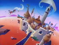 Mario and his friends being launched towards Sultan Pasbah's palace in The Super Mario Bros. Super Show!