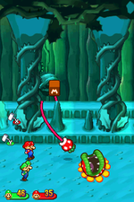 A Piranha Pest being flung at Mario, Luigi and the babies by Petey Piranha in Mario & Luigi: Partners in Time.