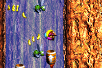 Dixie and Kiddy blast up a waterfall in Rocket Barrel Ride in the Game Boy Advance version